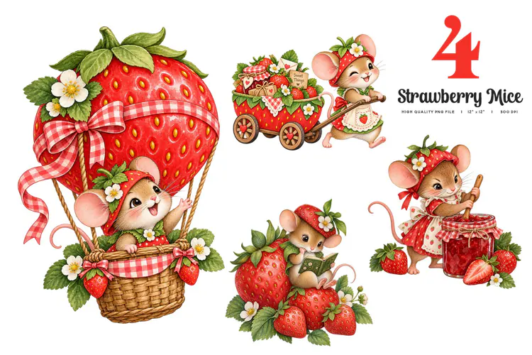 Strawberry Mice Sweet Moments Clipart | 4 Watercolor PNGs