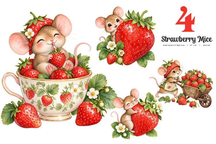 Strawberry Mice Clipart | 4 Watercolor PNGs example image 1