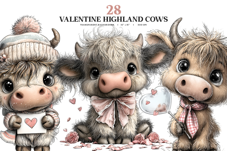 Valentine Highland Cow Clipart Bundle | Cute Romantic Cows