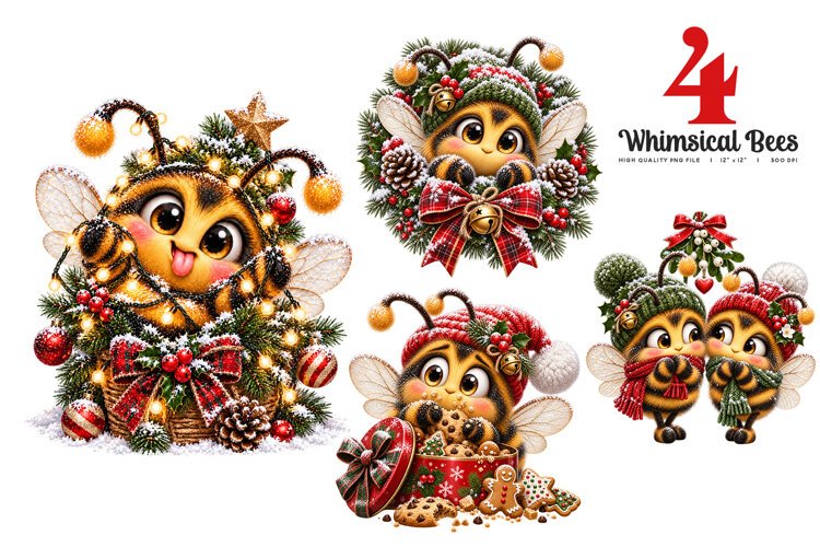 Whimsical Christmas Bees Clipart | 4 Festive Fun PNGs example image 1