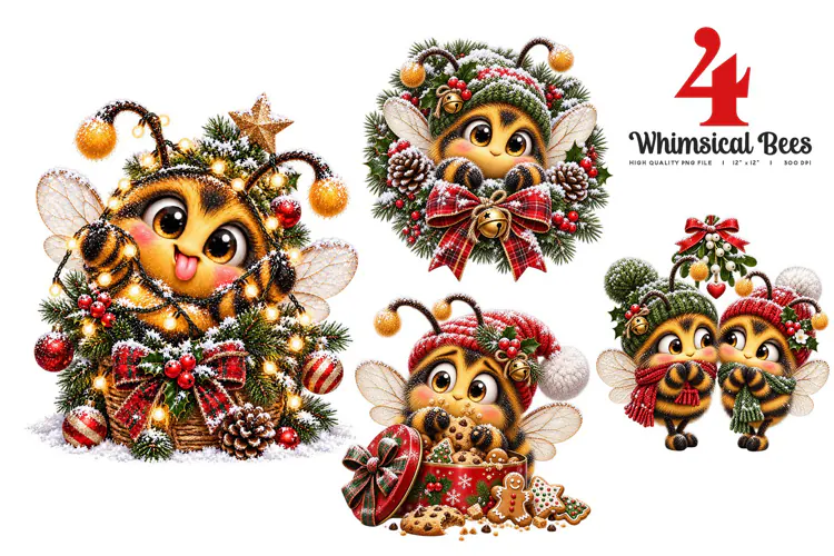 Whimsical Christmas Bees Clipart | 4 Festive Fun PNGs