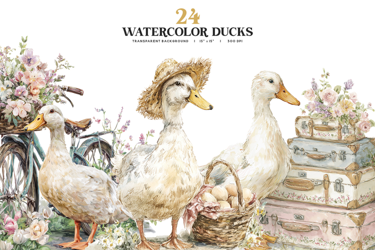 Watercolor Duck Clipart PNG Set
