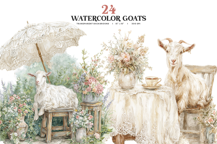 Watercolor Goat Clipart PNG Set