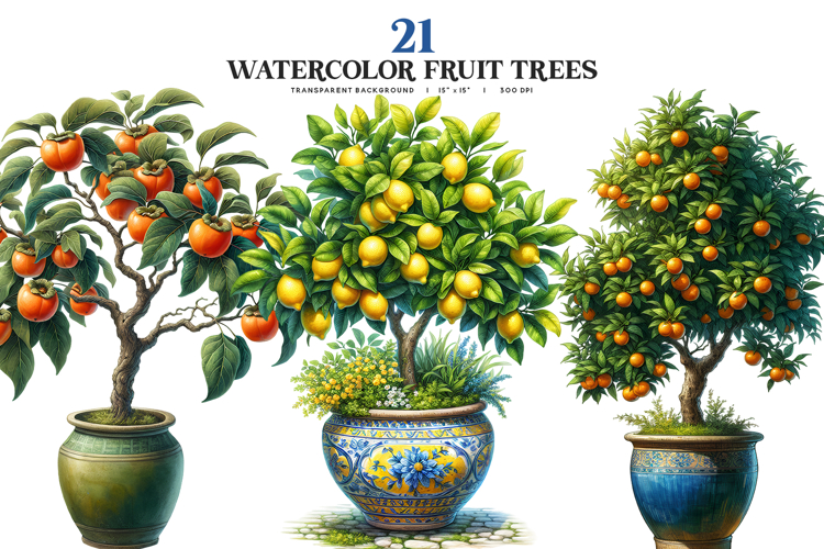 Watercolor Potted Fruit Trees Clipart