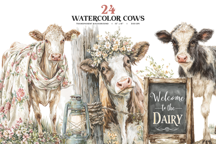Watercolor Cow Clipart PNG Set