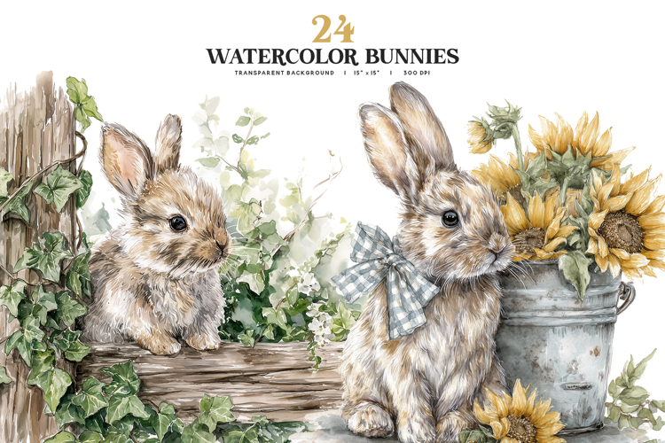 Watercolor Bunny Clipart PNG Set