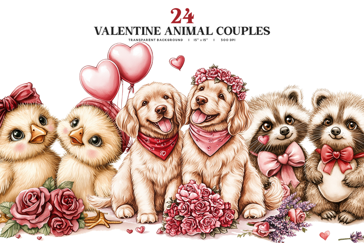 Valentine Animal Couples Clipart PNG Set