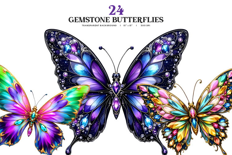 Gemstone Butterfly Clipart PNG Set