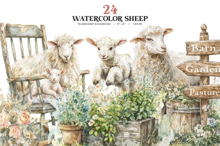 Watercolor Sheep Clipart PNG Set