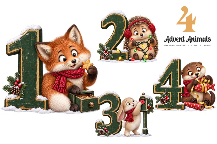 Advent Animals Clipart Numbers 1 to 4