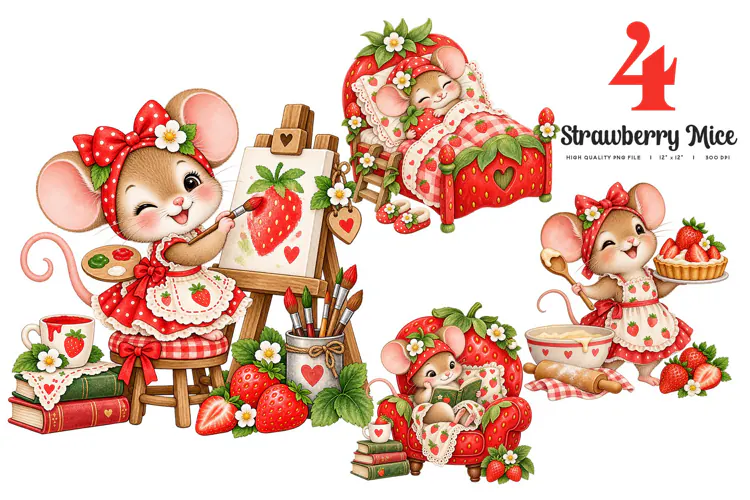 Cozy Strawberry Mice Clipart| 4 Watercolor PNGs