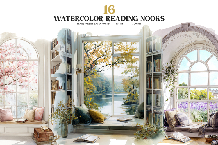 Cozy Watercolor Reading Room Clipart Set
