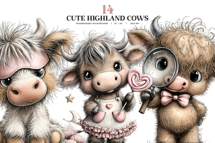 Cute Highland Cow Clipart Bundle | 14 Baby Cow PNGs