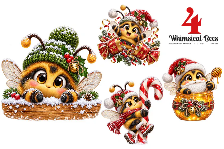 Whimsical Christmas Bees Clipart | 4 Merry Mischief PNGs
