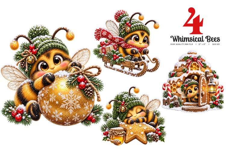 Whimsical Christmas Bees Clipart | 4 Winter Wishes PNGs example image 1