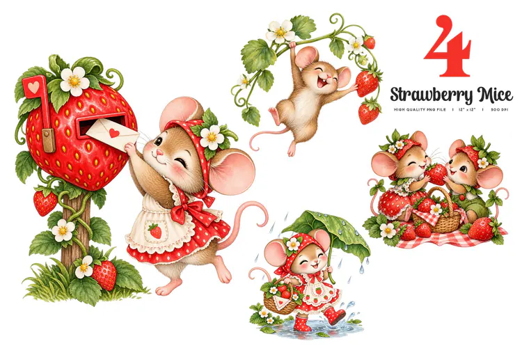 Strawberry Mice Adventures Clipart | 4 Watercolor PNGs