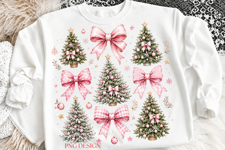 Pink Christmas Tree PNG, Coquette Christmas Bow Sublimation