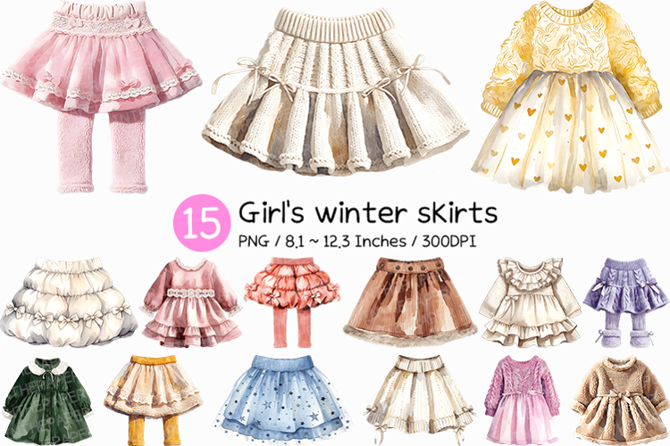 Girls winter skirts | watercolor clipart cute layered lace