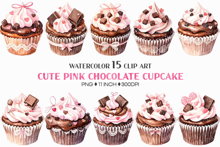Cute Pink Chocolate Cupcake | Valentine watercolor dessert