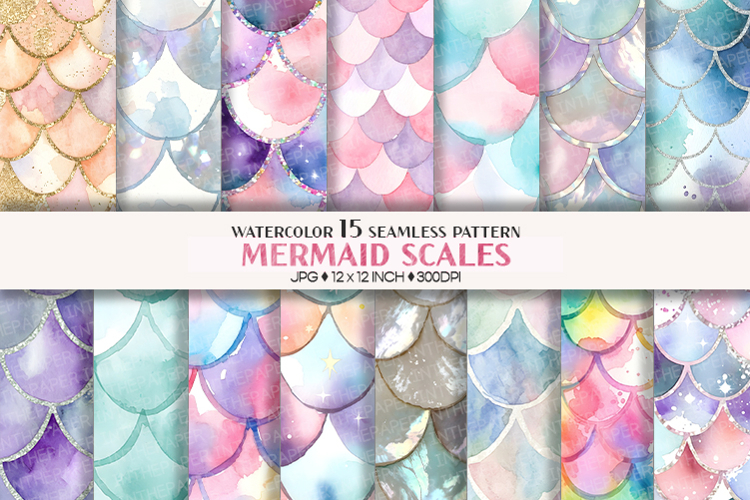 Seamless Mermaid Scales Pattern | Watercolor Background JPG