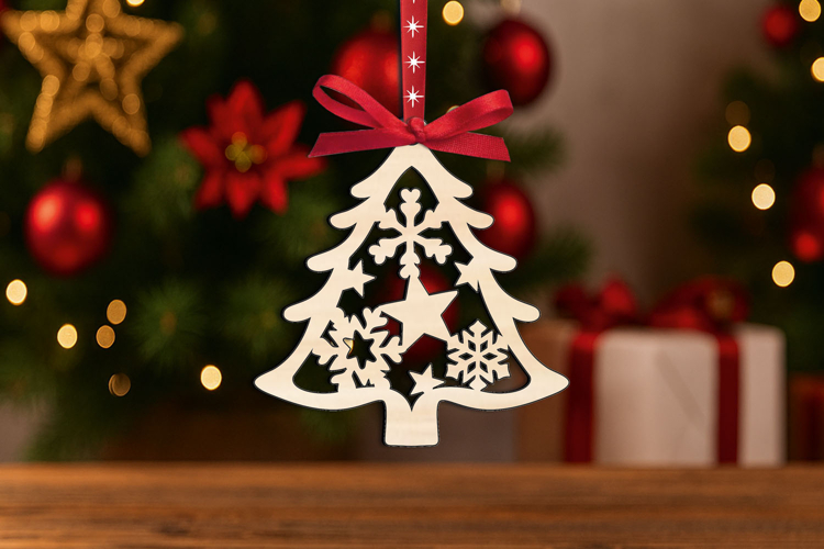 SVG Laser Christmas Tree Ornament Snowy Pattern Present