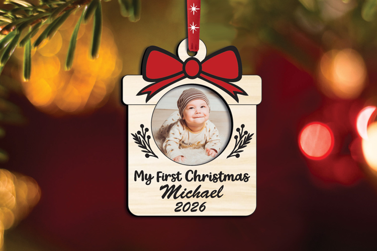 My First Christmas Gift Box Baby Photo Ornament SVG Laser