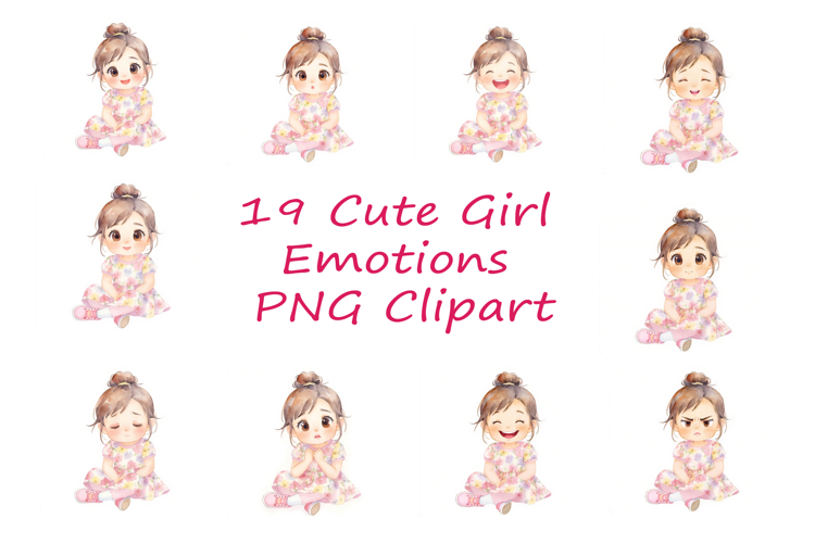 Watercolor Chibi Girl Emotions - 19 Cute Expressions Clipart