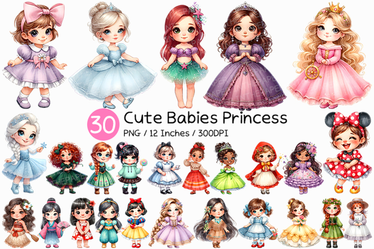 Cute Babies Princess | Watercolor Chibi Girl Clipart PNG