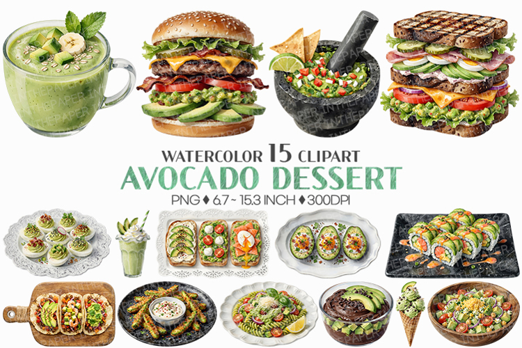 Avocado Dessert | Watercolor PNG Burger Pasta Salad Smoothie