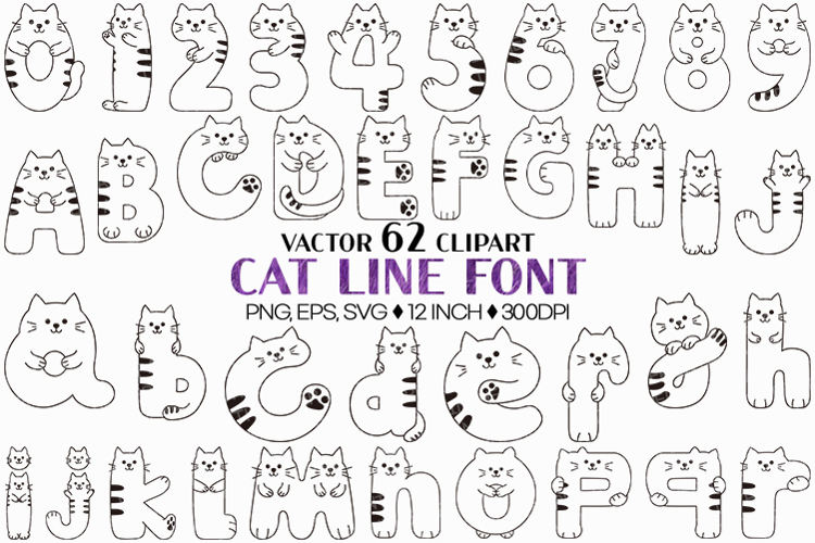 Cat Line Font | Cute Alphabet SVG Numbers EPS Clipart Kitten