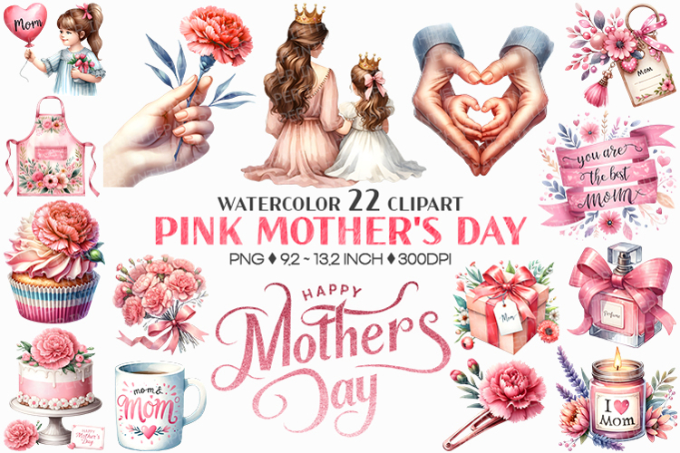 Pink Mothers Day | Watercolor PNG Clipart Mom Child Love