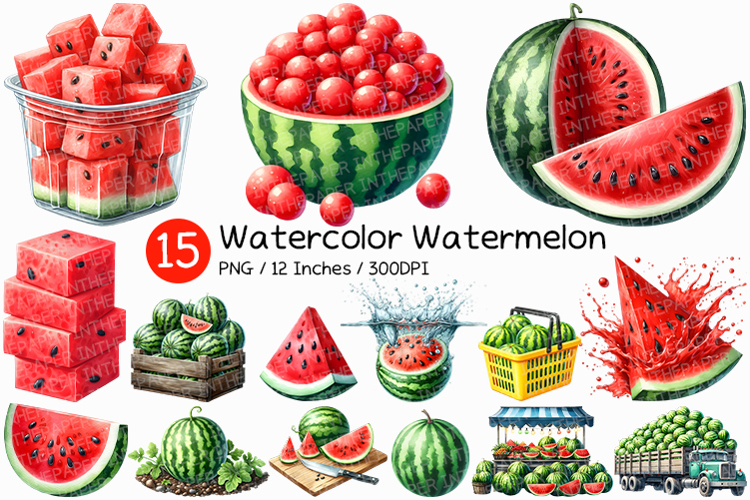 Watermelon PNG | Watercolor Fruit Summer Refreshment Clipart