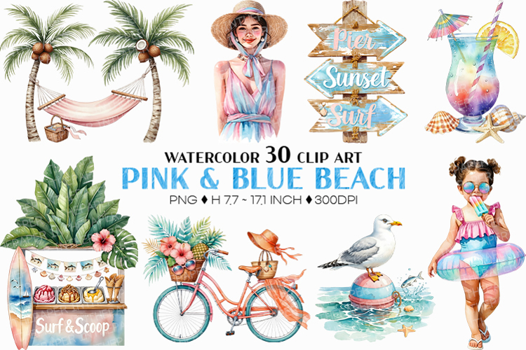 Pink and blue Beach | Watercolor summer ocean seaside png