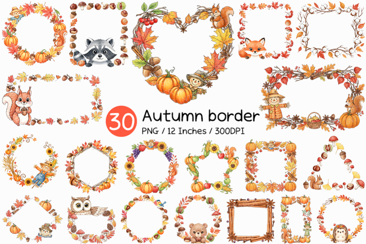 Autumn border | Fall Frame Watercolor Leaves Acorn Animal