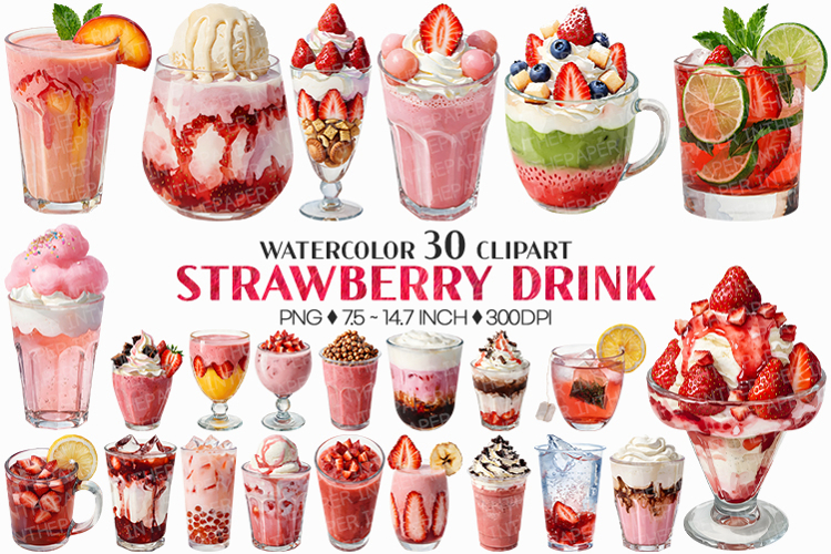 Strawberry Drink | Watercolor Fruit Summer Smoothie Tea Cafe