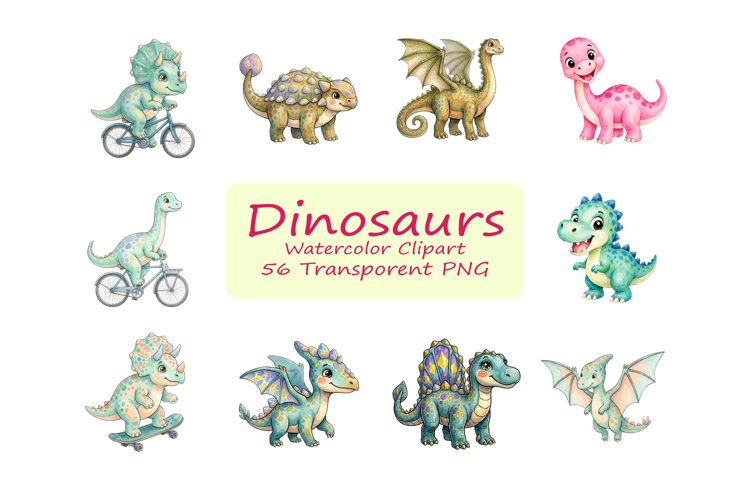 Watercolor Cartoon Dinosaur Clipart, 56 PNG Baby Dinosaur