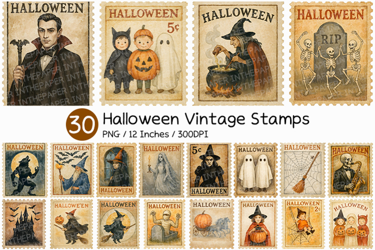 Halloween Vintage Stamps | Ghost Witch Wizard Retro Cat PNG