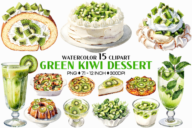 Green Kiwi Dessert | Watercolor Clip Art PNG Cake Pavlova