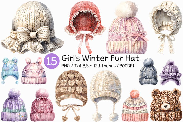 Girls Winter Fur Hat | watercolor clipart cute fluffy knit