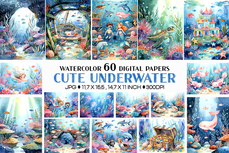 Underwater Digital Papers | Watercolor ocean sea coral fish