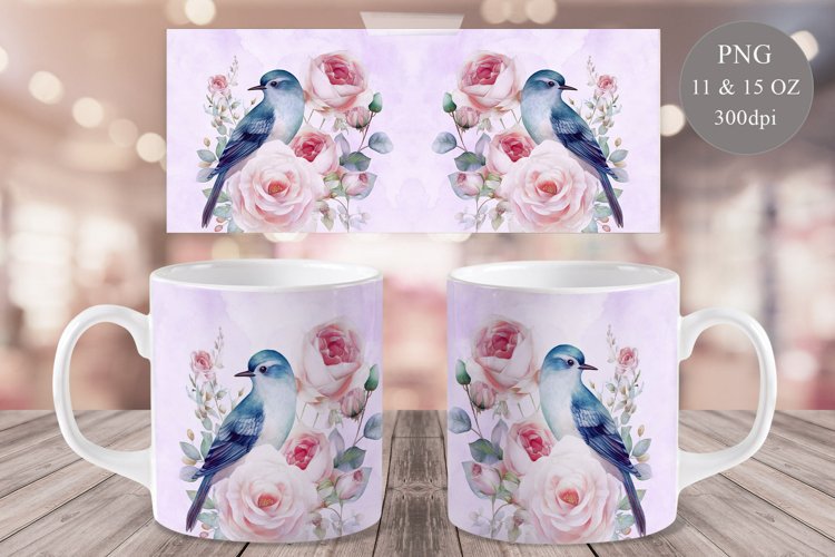 Watercolor Bird and Roses Mug Sublimation 11oz   15oz