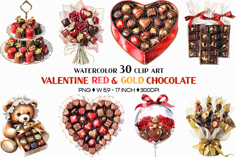 Valentine Day Red and Gold Chocolate | Watercolor dessert