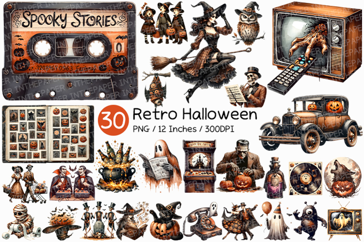 Retro Halloween | Watercolor Vintage Ghost Monster PNG Witch