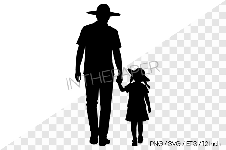 Father and daughter walking hand in hand wearing straw hat