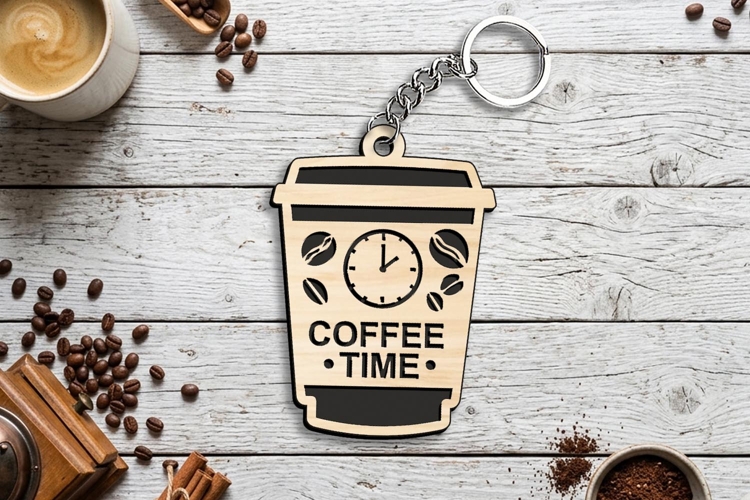 Coffee Time Cup Keychain SVG Laser Present Takeaway Clock
