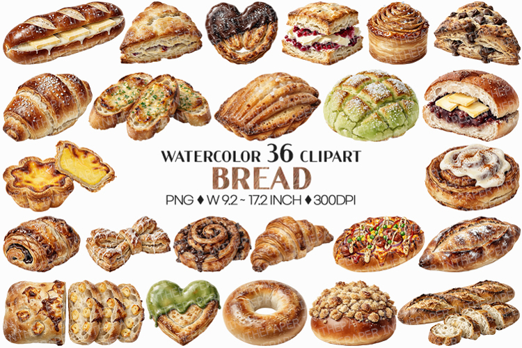 Bread PNG | Watercolor Bakery Food Bagel Baguette Pastry