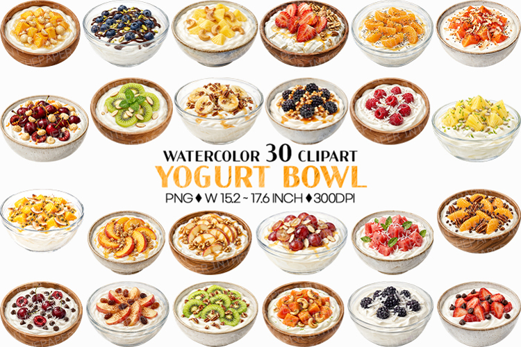Yogurt Bowl | Watercolor Clipart PNG Fruit Granola Mango nut