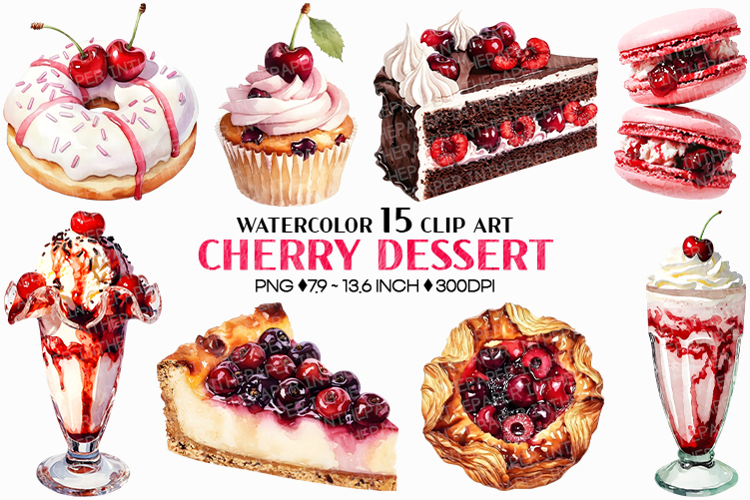 Cherry Dessert | Watercolor Fruit Summer cake pastry bakery