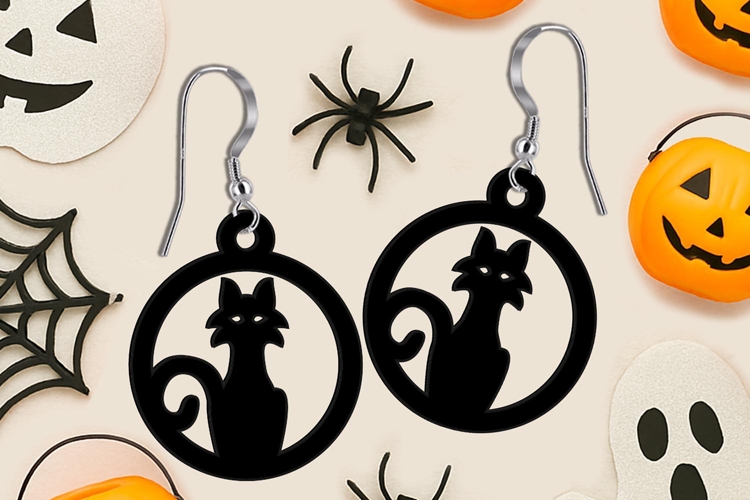 Halloween Cat Witch Earrings SVG Laser Gift Scary Dark Black