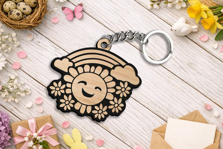 Happy Spring Sun Keychain Laser SVG Gift Rainbow Accessory